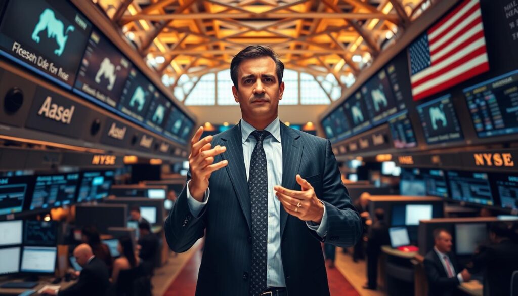 A bustling stock exchange floor, with a focus on a well-dressed financial advisor standing at the center of the frame. Warm, natural lighting filters in from overhead, casting a professional, authoritative aura. The advisor gestures expressively, surrounded by an array of digital screens displaying stock tickers and financial data. In the background, a maze of cubicles and offices suggests the complex, hierarchical nature of the dealership career path. The overall scene conveys a sense of dynamic energy, expertise, and the potential for growth and advancement within the high-stakes world of financial services.