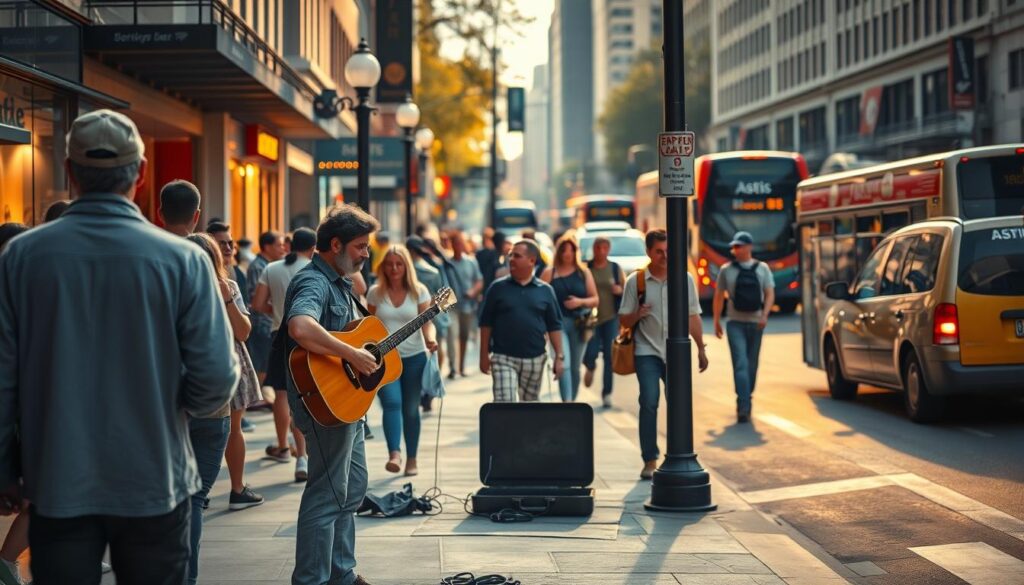 A bustling street scene with a street musician performing on a corner, surrounded by onlookers. The performer is playing a guitar, dressed in casual attire, with a guitar case open to collect tips. In the background, pedestrians navigate the sidewalk, while cars and buses pass by on the road. The lighting is a mix of natural sunlight and warm, ambient lighting from nearby shops and streetlamps, creating a vibrant, lively atmosphere. The scene is framed from a slightly elevated angle, capturing the interplay of the performer, the crowd, and the urban environment, conveying a sense of risk management and safety considerations for the street musician's livelihood.