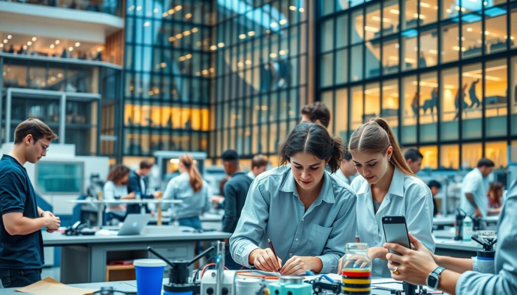 A bustling technical college campus, with students engrossed in hands-on learning. In the foreground, a group of young adults work diligently on a project, their faces filled with concentration. The middle ground showcases modern, well-equipped laboratories and workshops, where students gain practical expertise. In the background, a towering glass-and-steel building houses state-of-the-art lecture halls and learning spaces, bathed in warm, natural lighting. An atmosphere of productivity and opportunity pervades the scene, hinting at the invaluable skills and knowledge students acquire at this specialized institution.