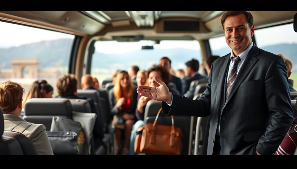 A bustling tour bus, its passengers eagerly awaiting the start of their journey. In the foreground, a tour conductor stands tall, briefcase in hand, with a warm and welcoming expression. Dressed impeccably in a crisp suit, they radiate an air of professionalism and expertise. The middle ground reveals the conductor gesturing animatedly, engaged in an informative conversation with the group, their body language conveying a deep passion for their work. The background depicts a picturesque landscape, perhaps a famous landmark or natural wonder, hinting at the destinations the tour will explore. Soft, diffused lighting illuminates the scene, creating a sense of anticipation and excitement. The overall composition captures the multifaceted responsibilities of a tour conductor, from managing logistics to captivating their audience with engaging narratives.