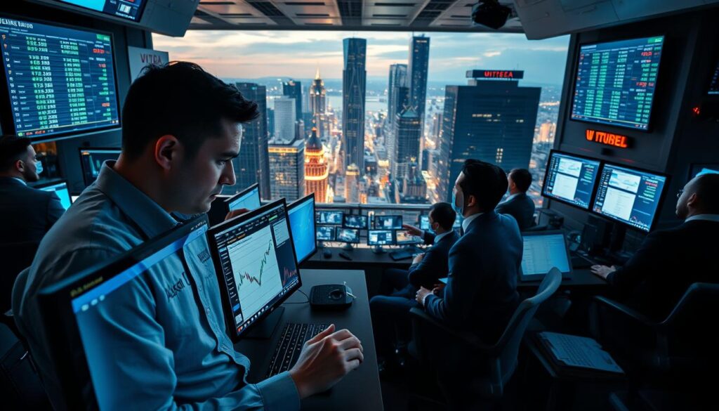 A bustling trading floor, illuminated by the soft glow of multiple screens displaying real-time currency exchange rates. In the foreground, a forex dealer sits intently, analyzing complex graphs and charts, their fingers deftly navigating a high-tech trading platform. The middle ground is filled with a team of analysts, collaborating on investment strategies, their faces alight with concentration. In the background, a panoramic view of a modern financial district, with towering skyscrapers and the hustle and bustle of the city. The overall atmosphere is one of intense focus, financial acumen, and the thrill of the forex market.