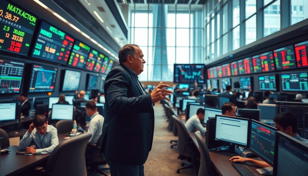 A bustling trading floor with rows of desks, monitors, and traders intently focused on their screens. The atmosphere is charged with energy and anticipation as currencies and exchange rates fluctuate on the screens. In the foreground, a seasoned forex dealer stands, analyzing data and making quick decisions, their hands dancing across the keyboard. The lighting is bright and clinical, casting a sense of professionalism and precision. In the background, a towering skyscraper can be seen through the windows, symbolizing the global scale of the financial markets. The overall scene conveys the high-stakes, fast-paced nature of a forex dealer's career path.