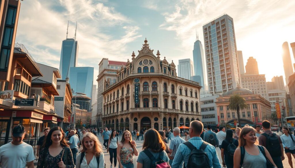 A bustling urban landscape, a vibrant blend of modern and traditional architecture. In the foreground, a group of tourists explore a rejuvenated commercial district, their faces alight with excitement as they discover new shops, cafes, and cultural exhibits. The middle ground showcases a beautifully restored historic building, its intricate facade bathed in warm, golden sunlight filtering through wispy clouds. In the background, towering skyscrapers and iconic landmarks stand as a testament to the city's evolution, while preserving its unique heritage. The scene conveys a sense of harmony, where progress and preservation coexist, creating a captivating and immersive tourist experience.