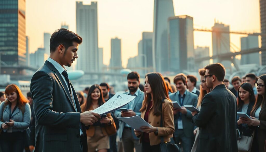 A bustling urban landscape at dawn, with a group of aspiring professionals gathered for a job fair. The foreground features a well-dressed individual confidently presenting their resume to a panel of attentive recruiters. The middle ground showcases a diverse array of job seekers, some engaging in animated discussions, others carefully reviewing job listings. In the background, towering skyscrapers and modern infrastructure create a dynamic, forward-looking atmosphere. Soft, warm lighting illuminates the scene, evoking a sense of opportunity and potential. The overall composition conveys the excitement and challenges of the job search process for urban planning consultants.