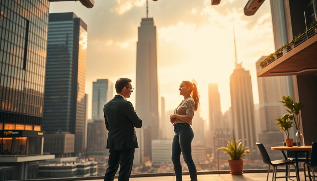A bustling urban landscape, with towering corporate skyscrapers in the background and a cozy, open-concept co-working space in the foreground. In the middle, two figures - one in a crisp suit, representing the corporate worker, and the other in casual attire, symbolizing the freelancer. They stand side by side, engaged in a lively discussion, showcasing the distinct differences in their work environments and lifestyles. Warm, diffused lighting casts a cozy, collaborative atmosphere, while strategic camera angles highlight the contrasting elements of the corporate and freelance worlds. The scene conveys the essence of the "企業勤務 vs フリーランス：働き方比較" section, inviting the viewer to explore the nuances of these two divergent paths.