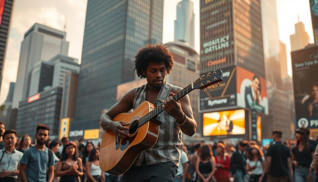 A bustling urban landscape with towering skyscrapers and futuristic architecture, bathed in a warm, golden glow. In the foreground, a lone street musician plays a soulful melody on a handcrafted guitar, their performance radiating a sense of boundless potential and possibility. The middle ground features a diverse crowd of onlookers, their faces alight with wonder and intrigue, captivated by the raw talent on display. In the background, neon-lit billboards and holographic displays hint at the technological advancements and entrepreneurial spirit that define this vibrant, forward-thinking city. The scene conveys a harmonious balance between the artistic expression of the musician and the limitless potential for growth and innovation that permeates the urban landscape.