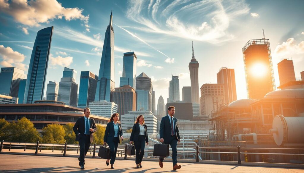 A bustling urban landscape with towering skyscrapers and modern infrastructure, illuminated by warm, golden sunlight filtering through wisps of clouds. In the foreground, a group of professionals in business attire stride purposefully, briefcases in hand, symbolizing the diverse career paths available to upper water and sanitation consultants. The middle ground features a mix of government buildings, engineering firms, and municipal water treatment facilities, reflecting the range of potential employers. In the background, a network of pipes, valves, and machinery suggests the complex systems these consultants work to maintain and optimize. The overall scene conveys a sense of dynamic growth, technical expertise, and the vital role these professionals play in shaping the urban environment.