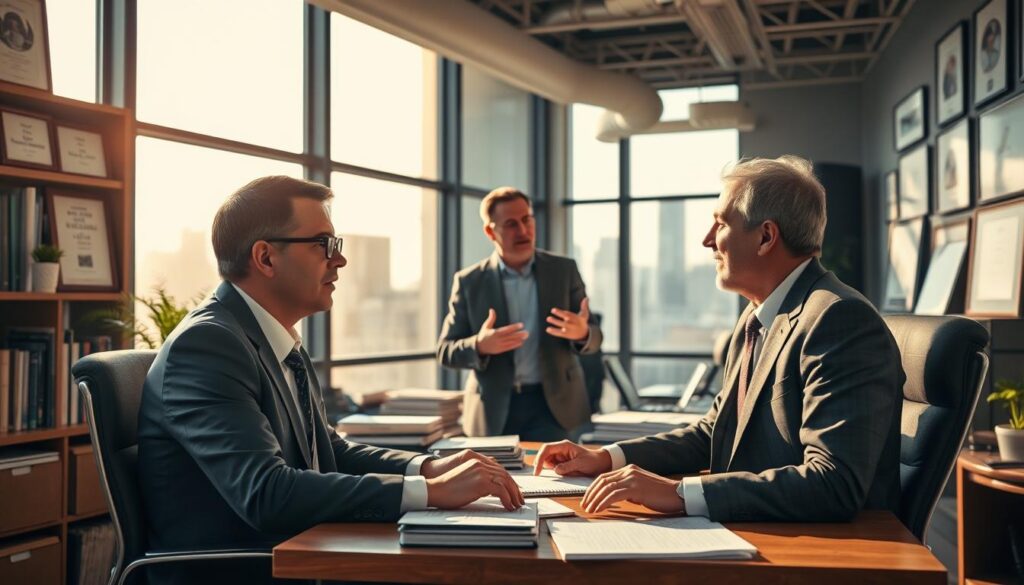 A bustling urban office scene, with a well-dressed columnist working diligently at a desk illuminated by warm, natural light filtering through large windows. Bookshelves and framed accolades adorn the walls, reflecting their expertise and accomplishments. In the middle ground, a mentor figure engages the columnist in an animated discussion, gesturing towards career progression opportunities. The background subtly depicts the city skyline, hinting at the wider media landscape and potential for growth. The overall atmosphere conveys a sense of focused professionalism, mentorship, and the potential for an upward career trajectory.