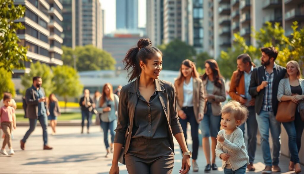 A bustling urban setting with a diverse array of families and individuals, highlighting the growing demand for professional nannies. In the foreground, a well-appointed nanny walks alongside a young child, their attentive interaction conveying the care and attentiveness required for the role. In the middle ground, a group of parents gather, discussing the benefits and necessities of hiring a nanny, showcasing the increasing need for such services. The background features a mix of modern high-rise buildings and green spaces, suggesting the evolving landscape of childcare and the potential for nannies to thrive in this dynamic environment. Warm, natural lighting illuminates the scene, creating a sense of comfort and security. The overall composition emphasizes the professionalism, demand, and future prospects of the nanny profession.
