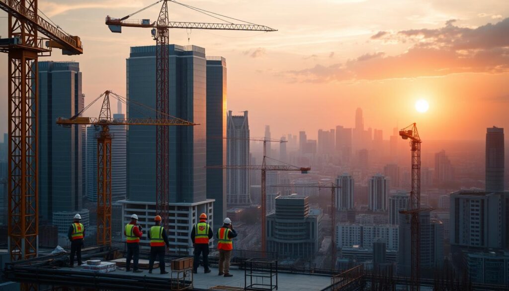 A bustling urban skyline with towering cranes and construction sites, illuminated by warm, golden light as the sun sets. In the foreground, a team of skilled workers, clad in safety gear, expertly maneuver heavy machinery and materials, their movements fluid and coordinated. The middle ground features a newly completed high-rise, its sleek glass facade reflecting the changing sky. In the background, a vision of the future emerges - a city skyline dotted with innovative architectural designs, showcasing the evolution and growth of the construction industry. The scene conveys a sense of progress, technology, and the boundless potential of the "鳶職" profession.