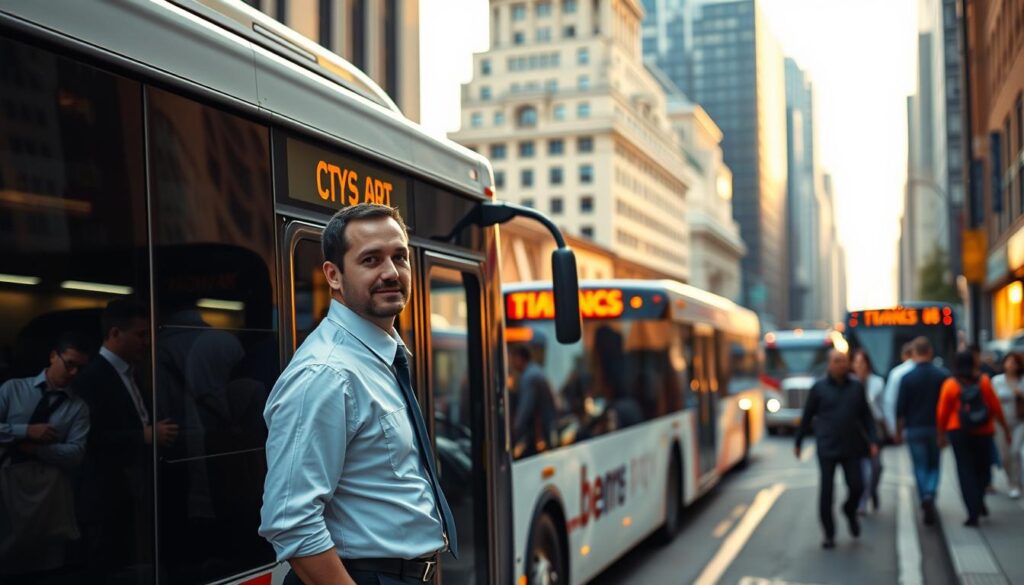 A bustling urban street scene, with a city bus prominently displayed in the foreground. The bus driver, dressed in a crisp uniform, stands outside the vehicle, gesturing and engaging with passengers. The mid-ground features a mix of pedestrians, other modes of transportation, and the architectural backdrop of the cityscape. Soft, warm lighting casts a gentle glow over the scene, creating a sense of vibrancy and activity. The composition emphasizes the central role of the bus driver, showcasing their responsibilities and the importance of their profession within the urban transportation network. The overall atmosphere conveys a sense of movement, efficiency, and the economic value of the bus driver's role.
