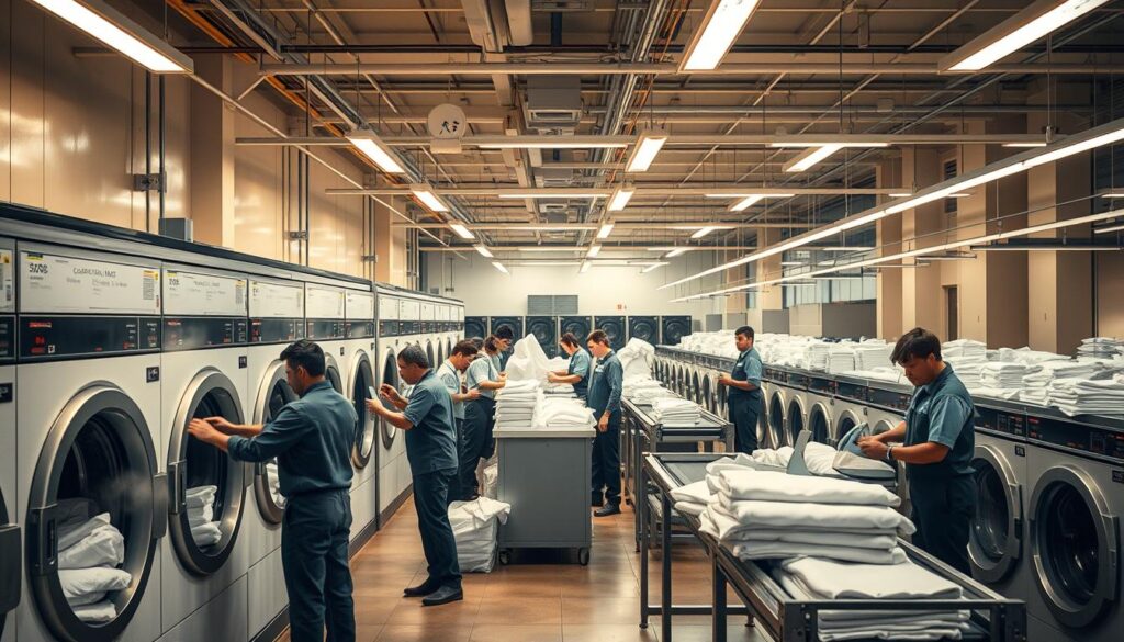 A bustling, well-lit interior of a commercial laundry facility. In the foreground, workers in uniform diligently sort and load fabrics into large industrial washing machines, their movements choreographed with practiced efficiency. The middle ground reveals employees carefully ironing and pressing freshly cleaned garments, steam rising gently. In the background, conveyor belts transport neatly folded items to be packaged and readied for delivery. The atmosphere is one of organized productivity, with an air of quiet professionalism as the various stages of the cleaning process unfold seamlessly. Warm, balanced lighting casts a clean, clinical ambiance, capturing the essential workflow of a modern commercial laundromat.