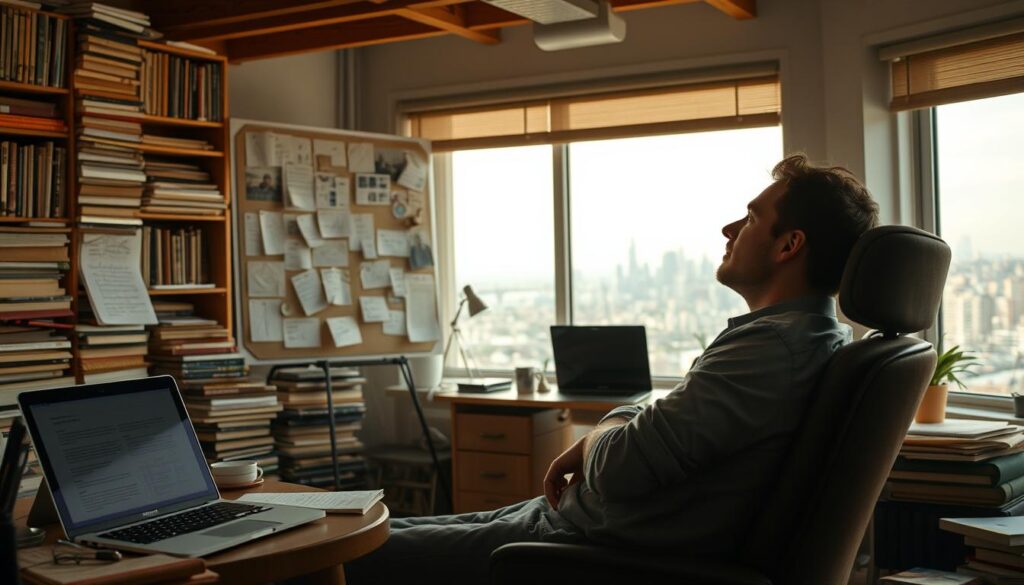 A bustling writer's studio filled with natural light, shelves of well-worn reference books, and a laptop with a half-completed screenplay. In the foreground, a passionate screenwriter leans back in their chair, a contemplative expression on their face as they gaze out the window, lost in thought. The middle ground features an inspiration board plastered with scribbled notes, character sketches, and a corkboard of meticulously arranged story beats. The background showcases a sprawling city skyline, hinting at the vast canvas of human experiences waiting to be explored and transformed into captivating narratives. Soft, warm tones and a sense of focus and creativity permeate the scene, capturing the joy and fulfillment of the screenwriter's craft.