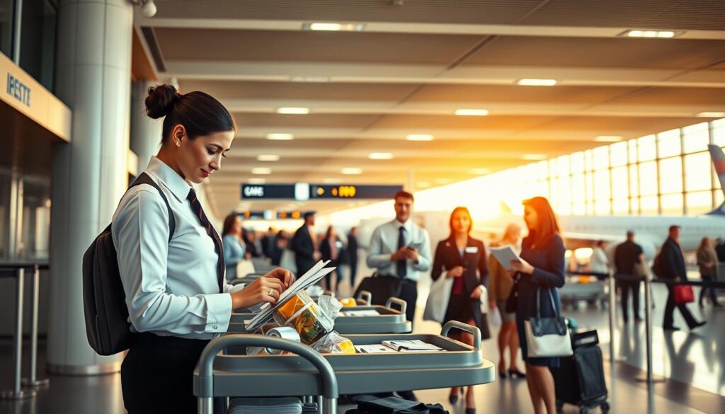 A busy airport terminal at dawn, with a team of professional flight attendants engaged in pre-flight preparations. In the foreground, a flight attendant meticulously checks the contents of a service cart, ensuring everything is ready for the upcoming flight. In the middle ground, several attendants confer over checklists, discussing final details and coordinating their tasks. The background features the hustle and bustle of the terminal, with passengers moving through security and ground crew tending to the aircraft. Soft, warm lighting from overhead fixtures creates a sense of early morning activity, while the clean, modern architecture lends an air of efficiency and professionalism to the scene.