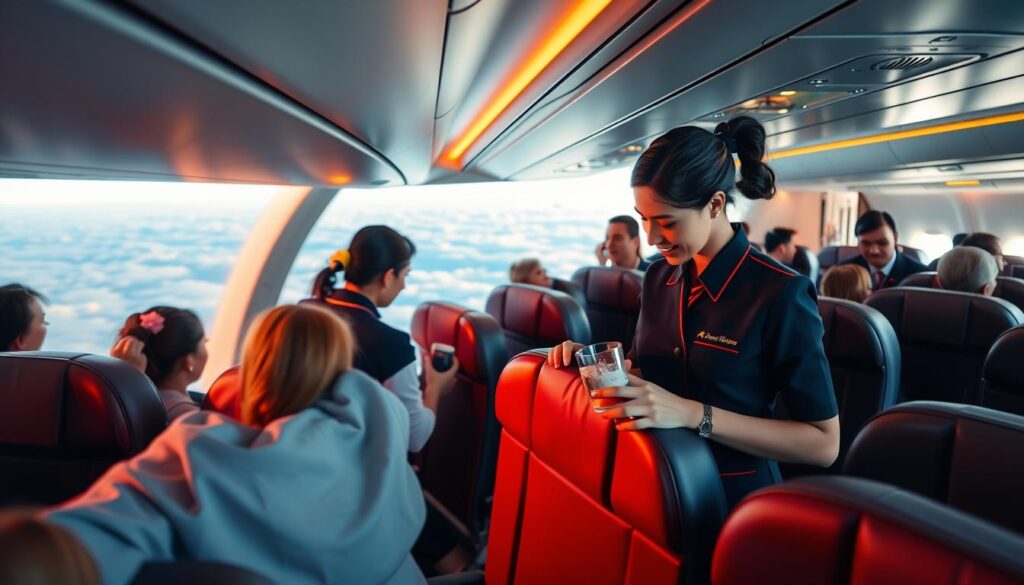 A busy day in the life of a cabin attendant, captured in vivid detail. In the foreground, a cabin attendant in crisp uniform attends to passengers, offering refreshments and assistance with a warm, professional demeanor. The middle ground depicts the cabin interior, with plush seats, overhead compartments, and a sense of movement as the plane cruises through wispy clouds. In the background, the horizon stretches out, hinting at the vast expanse of the sky and the global reach of the airline's network. Warm lighting from the cabin windows casts a cozy glow, while the angle suggests a bird's-eye view, conveying the bustle and purpose of the cabin attendant's role. An atmospheric, immersive scene that captures the essence of a typical day in the life of a cabin attendant.
