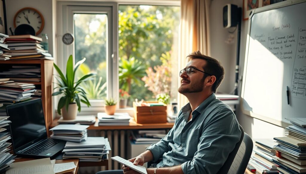 A busy director's office, filled with the trappings of their demanding career - stacks of papers, a laptop, and a to-do list scribbled on a whiteboard. Yet, amidst the clutter, a serene garden oasis comes into view through the window, sunlight streaming in. The director pauses, taking a deep breath, their expression one of peaceful contemplation as they consider finding a better work-life balance. The scene conveys a sense of tension between the hectic professional life and the director's yearning for more personal time and respite.