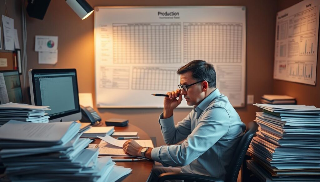 A busy executive producer sits at their desk, surrounded by stacks of documents, a computer, and a phone. The lighting is warm and professional, casting a subtle glow over the scene. In the middle ground, the producer is deep in thought, pen in hand, meticulously reviewing schedules and budgets. In the background, a large whiteboard displays intricate production plans and timelines. The atmosphere is one of focused intensity, as the producer navigates the complex web of tasks and decisions that come with their high-level role. The camera angle is slightly elevated, giving a birds-eye view of the producer's workspace and capturing the full scope of their daily responsibilities.