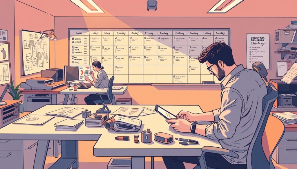 A busy industrial designer's daily schedule, captured in a detailed and dynamic illustration. In the foreground, the designer sits at a sleek, minimalist desk, deeply focused on a tablet, surrounded by a clutter of sketches, prototypes, and design tools. The middle ground features the designer moving between a 3D modeling station and a physical workbench, refining product designs. In the background, a wall-mounted whiteboard displays a carefully planned schedule, with time slots for client meetings, brainstorming sessions, and production updates. Warm, directional lighting casts dramatic shadows, conveying the intensity and focus of the designer's work. The overall scene exudes a sense of professionalism, creativity, and the relentless pursuit of design excellence.