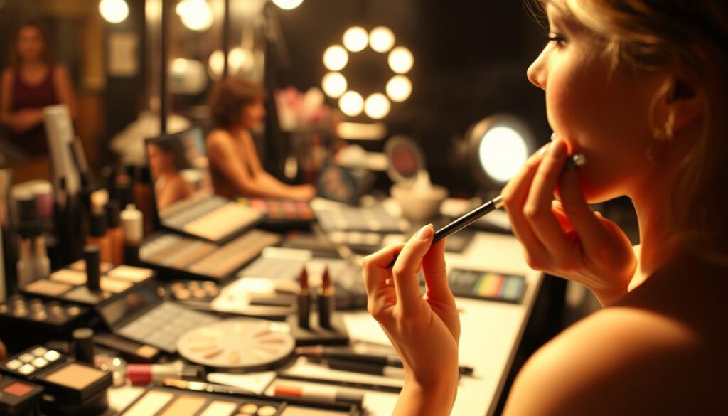 A busy makeup artist's workstation, illuminated by warm studio lighting. Makeup brushes, palettes, and products scattered across the cluttered counter, reflecting the demanding nature of the profession. In the foreground, a model's face partially obscured, highlighting the intense focus and precision required. The background blurred, emphasizing the artist's hands as they delicately blend and contour, showcasing the skill and technique needed to transform a face. A sense of concentration and multitasking pervades the scene, conveying the challenges and intensity of a makeup artist's daily work.