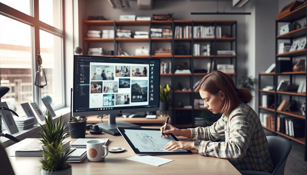 A busy, modern office setting with a conceptual designer working at their desk. In the foreground, the designer is intently focused on a tablet, sketching out ideas with a stylus. Behind them, a large monitor displays a digital mood board and creative software. Shelves line the walls, filled with design books, samples, and inspiration materials. Soft, diffused lighting filters in from large windows, casting a warm glow over the space. A plant on the desk and a mug of coffee suggest the designer's dedication to their craft. The atmosphere is one of quiet concentration and creative flow, reflecting the daily routine of a professional conceptual designer.