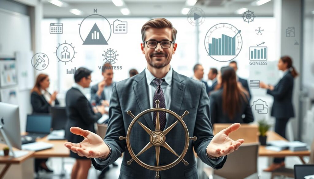 A busy office scene with a central figure, a General Manager, surrounded by a variety of essential skills and responsibilities. In the foreground, leadership and strategic thinking, visualized as a compass or steering wheel. In the middle ground, communication and interpersonal skills, represented by open palms and a group discussion. In the background, a blend of technical expertise, data analysis, and financial acumen, depicted as graphs, spreadsheets, and various business tools. The lighting is bright and professional, with a slight depth of field to focus on the central figure. The overall mood conveys a sense of competence, multitasking, and the complex, multifaceted nature of a General Manager's role.