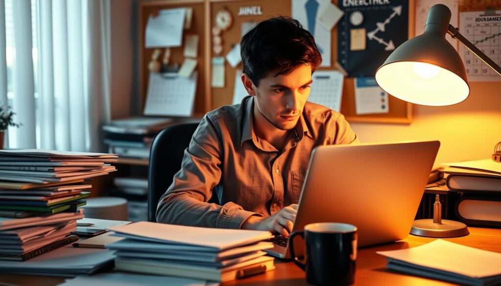 A busy office workspace with a person sitting at a desk, intently focused on their laptop screen. Warm lighting from a desk lamp casts a cozy glow over the scene. Stacks of papers, a calendar, and a mug of coffee suggest the person is deeply engaged in time management for their job search. In the background, a corkboard with notes and reminders adds to the sense of organization and productivity. The person's posture conveys a sense of determination, as they navigate the demands of their career transition. The overall mood is one of concentration and purpose, reflecting the challenges and importance of time management during a job search.
