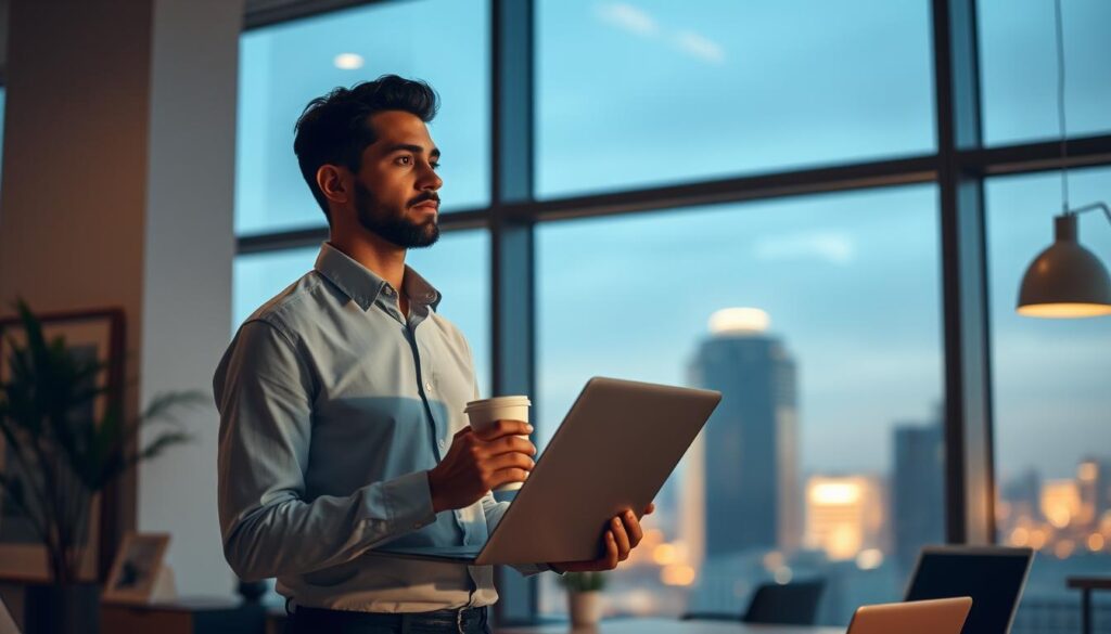 A busy professional balancing a laptop and a cup of coffee, standing in a modern office with floor-to-ceiling windows overlooking a cityscape. The lighting is warm and softly diffused, creating a contemplative atmosphere. In the foreground, the figure appears deep in thought, weighing the demands of work and personal life. The background features subtle details like plants, framed artwork, and a desk organizer, suggesting a well-curated, harmonious workspace. The overall mood evokes a sense of introspection and the search for equilibrium between career and personal fulfillment.