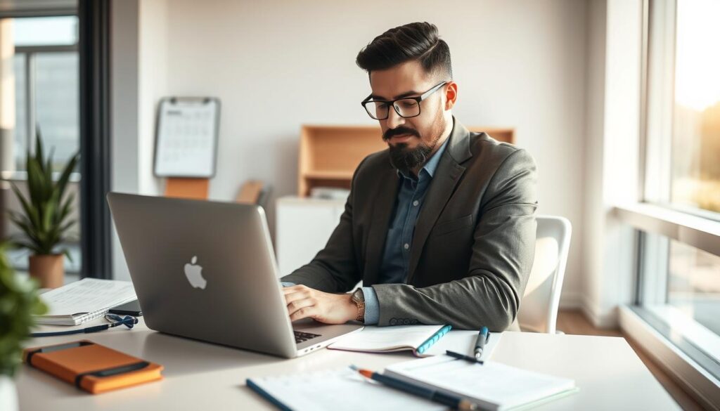 A busy professional in a modern office space, meticulously managing their time during a career transition. The foreground features the individual seated at a desk, laptop open and calendar visible, surrounded by organization tools like a planner and notes. The middle ground showcases a minimalist, well-lit environment with clean lines and geometric patterns, reflecting a sense of focus and productivity. The background softly blurs into a neutral palette, creating a calming, contemplative atmosphere. The lighting is natural, streaming in from large windows, casting a warm, golden glow. The camera angle is slightly elevated, giving a bird's-eye view of the workspace and the person's task-oriented activities.
