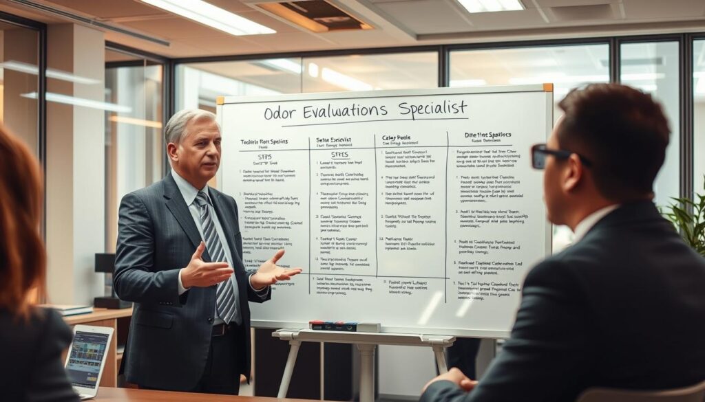 A busy urban office setting, with a middle-aged person in a professional suit standing before a whiteboard, gesturing animatedly as they explain a detailed career progression chart for a "Odor Evaluation Specialist" role. The room is well-lit with a mixture of natural and warm artificial lighting, conveying a sense of productive focus. The chart displays various steps, titles, and skill requirements, reflecting the multifaceted nature of this specialized career path. The overall atmosphere suggests a serious, informative presentation on the nuances and growth potential within this niche profession.