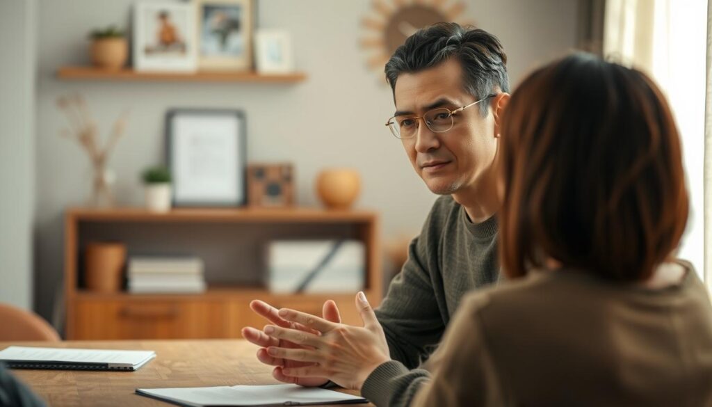 A calm and focused counselor sitting at a desk, leaning in with attentive body language, their hands gently cupped as they listen intently to an unseen client. The office is softly lit, with a warm, earthy color palette and minimalist decor that creates an atmosphere of trust and understanding. The counselor's expression is one of genuine empathy and care, conveying the specialized listening skills and emotional intelligence required for effective counseling. The scene is captured from a slightly elevated angle, highlighting the counselor's patient and dedicated demeanor.