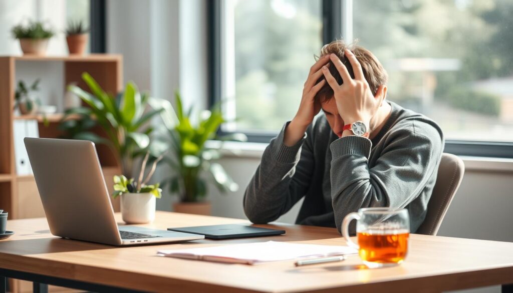 A calm and serene office environment, with a desk featuring a laptop, a potted plant, and a cup of tea. The lighting is soft and natural, creating a relaxing atmosphere. In the foreground, a stressed-out designer sits at the desk, hands on their head, conveying the importance of stress management for individuals in high-pressure roles like a design producer. The background is blurred, focusing the viewer's attention on the central figure and the message of the image.
