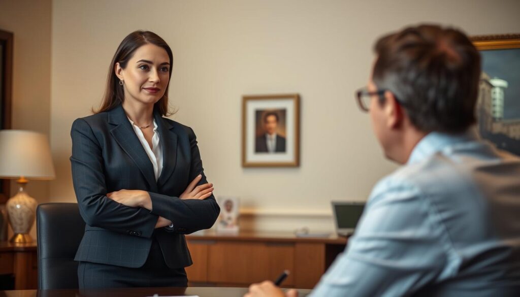 A calm, professional woman in a smart business suit stands confidently, facing her employer across a desk. The lighting is soft and warm, creating an atmosphere of respectful dialogue. The woman's posture and facial expression convey a composed, diplomatic demeanor as she listens intently to her employer's concerns. The background is a tastefully decorated office, hinting at the high-stakes situation, but the focus remains on the two figures engaged in a measured, thoughtful conversation about the woman's impending departure.