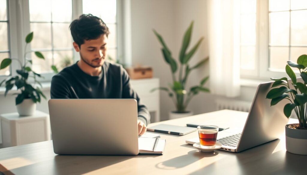 A calm, serene office scene with a person sitting at a desk, deeply focused on their work. Soft, natural lighting filters in through large windows, creating a warm, relaxed atmosphere. The desk is neatly organized, with a laptop, notebook, and a cup of tea, symbolizing a balanced and mindful approach to work. In the background, plants and minimal decor create a soothing, zen-like environment, promoting mental well-being and self-care during the job search process. The overall composition conveys a sense of tranquility and inner peace, reflecting the importance of mental health in navigating the challenges of career transition.