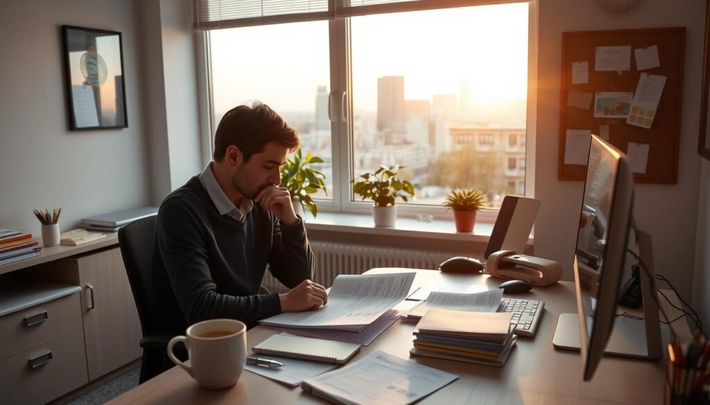 A calm, well-lit office setting with a desk, computer, and various office supplies. In the foreground, a person sitting at the desk, contemplating financial documents and invoices. The middle ground features a potted plant, a mug of coffee, and a bulletin board with notes and reminders. The background showcases a window overlooking a cityscape, with a warm, golden glow from the setting sun. The overall mood is one of thoughtfulness and consideration as the person explores alternative support options during a period of reduced income.