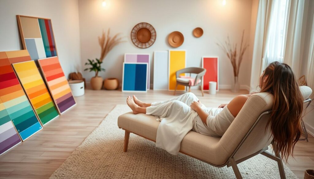 A calming, serene color therapy session in a warm, inviting studio. In the foreground, a client relaxes on a comfortable chaise lounge, surrounded by an array of vibrant, carefully selected color palettes. Soft, diffused lighting creates a soothing atmosphere, accentuating the serene hues. In the middle ground, a color therapist sits across from the client, guiding them through the therapeutic experience. The background features tasteful, minimalist decor that enhances the tranquil ambiance, with subtle textural elements like natural wood accents. The overall scene conveys a sense of harmony, balance, and the restorative power of color therapy.