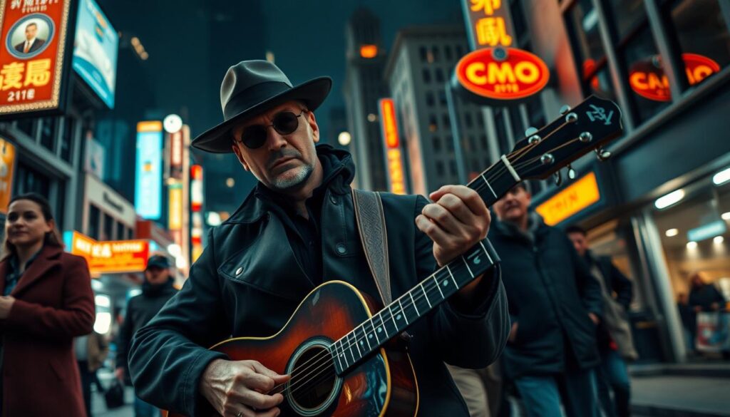 A candid street scene showcasing a talented street musician spy, their performance capturing the attention of passersby. The musician, clad in a discreet disguise, plays a soulful tune on a well-worn guitar, their deft fingers dancing across the strings. The setting is a bustling urban landscape, with a backdrop of towering buildings and a hint of neon signs, creating an atmospheric low-light ambiance. The overall mood is one of intrigue and a sense of the musician's double life, their true profession as a covert operative hidden beneath their outward artistic persona. The camera angle is slightly elevated, offering an observational perspective that suggests the viewer is catching a glimpse of this intriguing individual in their natural habitat.