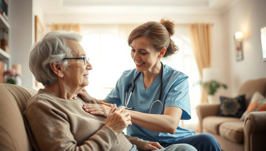 A care worker visiting an elderly client's home, surrounded by warmth and compassion. The foreground shows the care worker gently assisting the client with daily tasks, their expressions conveying empathy and dedication. The middle ground captures the cozy, well-lit interior of the client's home, with personal touches and comforting furnishings. The background hints at the care worker's broader responsibilities, such as coordinating with medical professionals and providing emotional support. Soft, natural lighting casts a serene atmosphere, highlighting the care worker's attentive and patient demeanor. This scene embodies the vital role of home care professionals in supporting the independence and well-being of the elderly.
