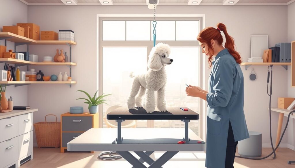 A career path illustration of a professional dog groomer (trimmer) set in a bright, airy studio with natural lighting. In the foreground, a groomer carefully trims a well-behaved poodle on a high-quality grooming table, showcasing their skilled techniques. In the middle ground, shelves display various grooming tools and supplies, hinting at the breadth of the profession. The background features a large window overlooking a tranquil urban landscape, suggesting the potential for a fulfilling career. The scene conveys a sense of focus, precision, and the rewarding nature of a career in dog grooming.