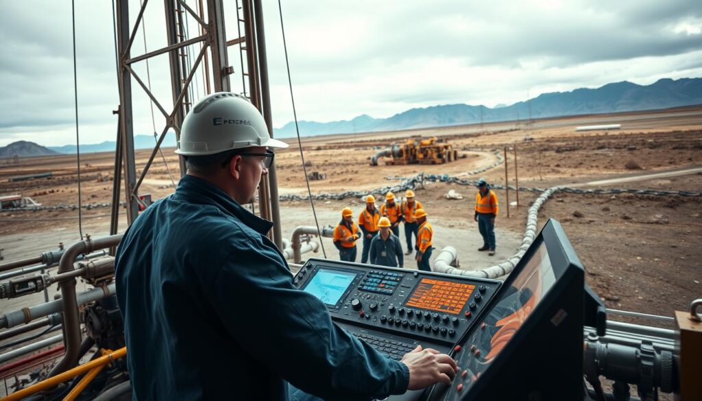 A career path of a driller unfolds in a dynamic industrial setting. In the foreground, a skilled operator deftly handles the controls of a towering drilling rig, their intense focus reflected in the glow of the instrument panel. Behind them, an intricate network of pipes, pumps, and valves hint at the complex engineering that powers the drilling process. In the middle ground, a team of workers in hardhats and safety gear collaborate, overseeing the operation with practiced efficiency. The background is dominated by the rugged, weathered terrain of an active drilling site, with distant mountains and a moody, overcast sky setting the scene. The overall atmosphere conveys the high-stakes, high-skill nature of the driller's profession, where technical mastery, teamwork, and adaptability are essential to navigating the challenges of this vital energy industry career path.