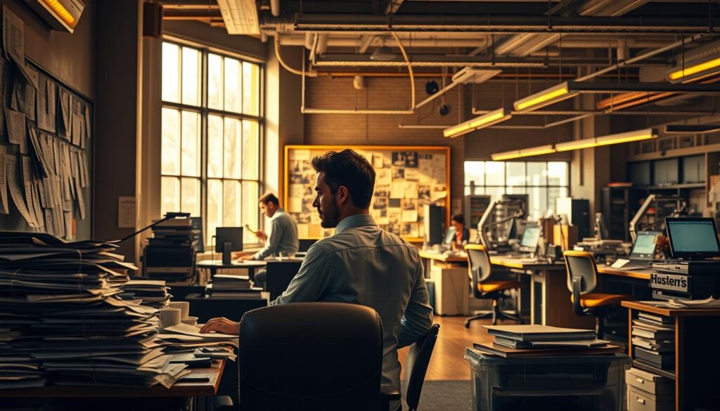 A career path of a journalist, depicted in a dynamic and cinematic style. In the foreground, a focused reporter sits at a cluttered desk, surrounded by stacks of notes, a laptop, and a cup of coffee, signifying the dedicated research and writing process. In the middle ground, the reporter stands in front of a bulletin board, covered with news clippings and photographs, symbolizing the investigative nature of the profession. In the background, a bustling newsroom with editors, printers, and reporters is visible, illuminated by warm, natural lighting from large windows, creating a sense of energy and purpose. The overall scene conveys the multifaceted nature of a journalist's career, from the intimate moments of research and writing to the collaborative, fast-paced environment of a newsroom.