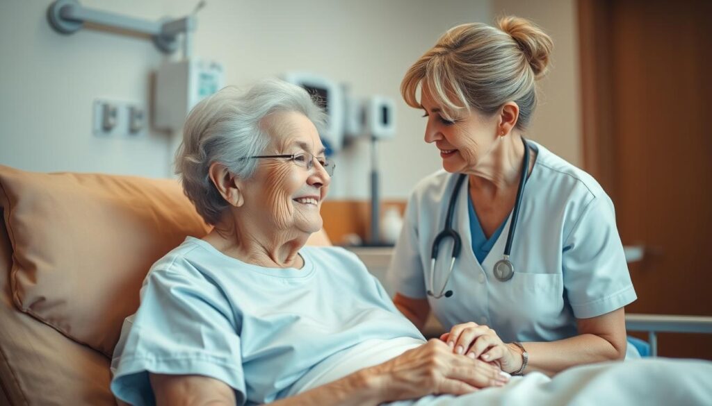 A caring elderly woman, clad in a nursing uniform, gently tending to the needs of a senior patient in a warm, softly lit hospital room. The patient rests comfortably, their expression peaceful as the nurse listens attentively, radiating a sense of compassion and patience. In the background, medical equipment and subtle healthcare motifs suggest a dedicated healthcare environment. The scene conveys the essence of the caregiving profession - a commitment to empathy, attentiveness, and the wellbeing of those in need.