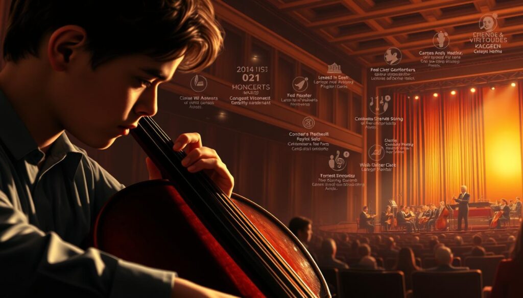 A cellist's career path, captured in a finely-detailed, cinematic illustration. In the foreground, a young cellist rehearses with deep focus, their fingers deftly dancing across the strings. The middle ground reveals a seasoned professional performing on a grand stage, bathed in warm, dramatic lighting. In the background, a montage of milestones - concerts, awards, mentorships - depict the journey from student to virtuoso. The composition conveys the dedication, passion, and perseverance required to master the cello and build a successful career in classical music.