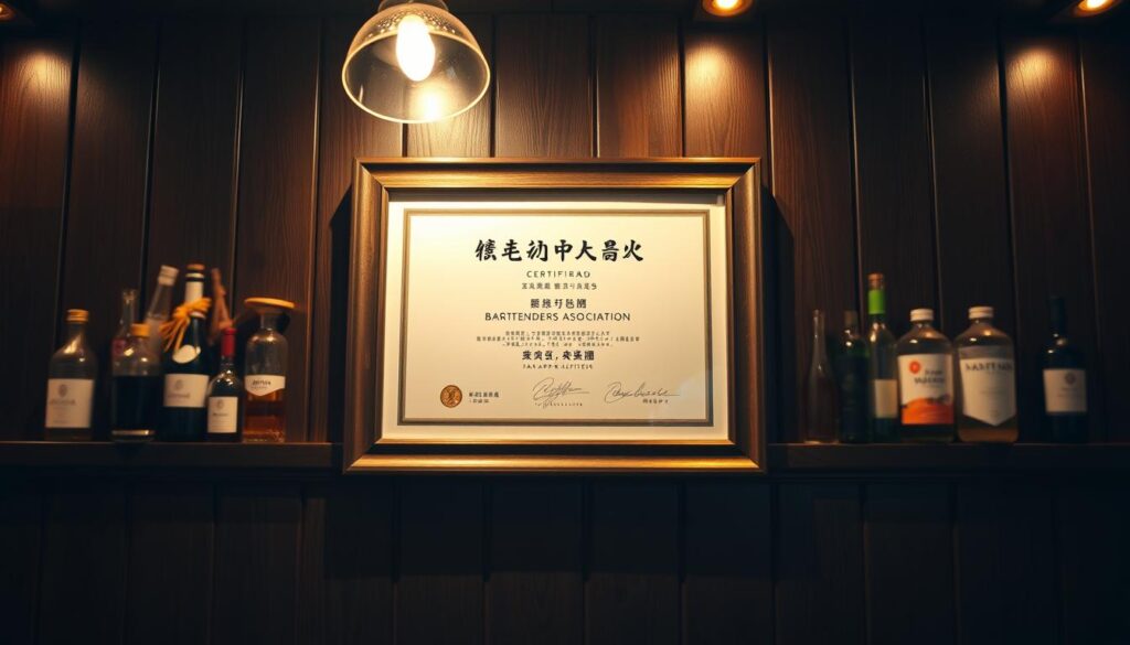 A certificate from the Japan Bartenders Association, prominently displayed on a dark wooden wall. The certificate is framed in a simple, elegant frame, casting a warm glow from the soft lighting above. The background features a blurred, bokeh-filled scene of various bartending tools and ingredients, hinting at the expertise and dedication required to earn this prestigious qualification. The overall composition conveys a sense of professionalism, authority, and the bartender's commitment to their craft.