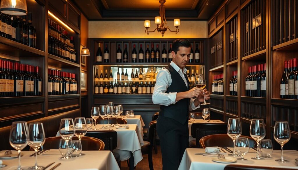 A chic, intimate wine bar with a well-stocked cellar and a sophisticated sommelier presiding over the scene. The sommelier, dressed in a crisp white shirt and a black waistcoat, gracefully navigates between tables, offering expert wine recommendations and pouring samples for discerning patrons. Soft, warm lighting casts a gentle glow, creating an inviting ambiance. Bottles of rare vintages line the shelves, casting reflections on the polished wood surfaces. Elegant glassware and pristine white tablecloths complete the refined, yet cozy atmosphere, where the sommelier's expertise and passion for wine are the true centerpieces.
