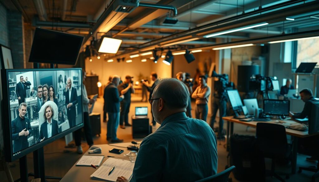 A cinematic view of a director's workday, showcasing their diverse responsibilities. In the foreground, a director intently reviews footage on a large monitor, surrounded by a team of editors and cinematographers. The middle ground features the director orchestrating a complex film set, gesturing to actors and crew members. In the background, a bustling production office with storyboards, scripts, and technical equipment captures the behind-the-scenes hustle. Soft, directional lighting enhances the mood, while a wide-angle lens captures the full scope of the director's multifaceted role. The overall atmosphere conveys the intensity, creativity, and collaborative nature of the director's work.