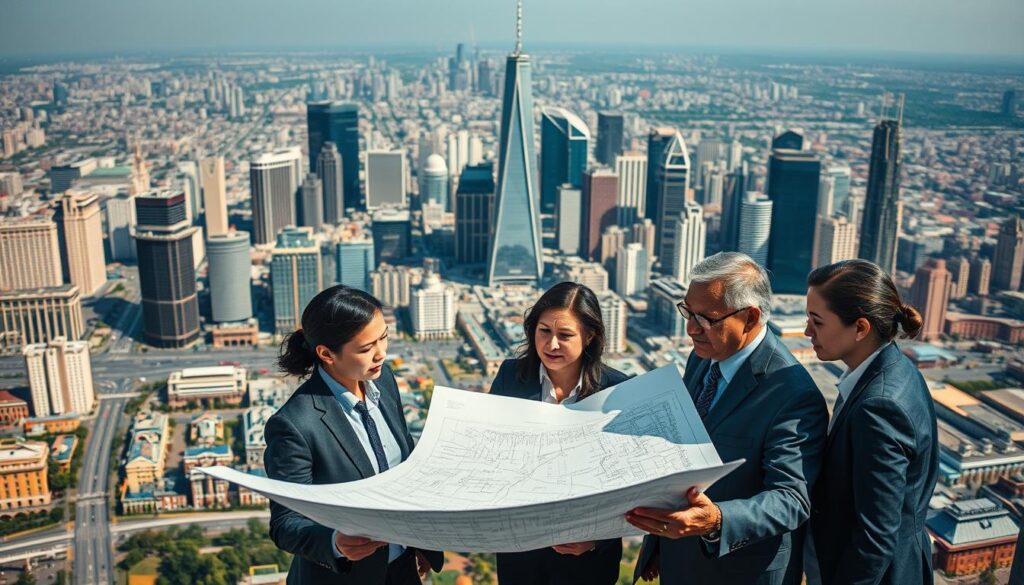 A cityscape with a bustling urban center, towering skyscrapers, and a complex network of roads and infrastructure. In the foreground, a team of urban planning consultants examines a large blueprint, their faces serious and focused as they discuss strategies for sustainable development. The scene is illuminated by warm, directional lighting, casting dramatic shadows and highlighting the intricate details of the cityscape. The consultants are dressed in professional attire, conveying an air of authority and expertise. The background features a mix of modern and historical architectural styles, reflecting the diverse urban landscape they aim to shape. The overall mood is one of purpose, problem-solving, and the shaping of the built environment.