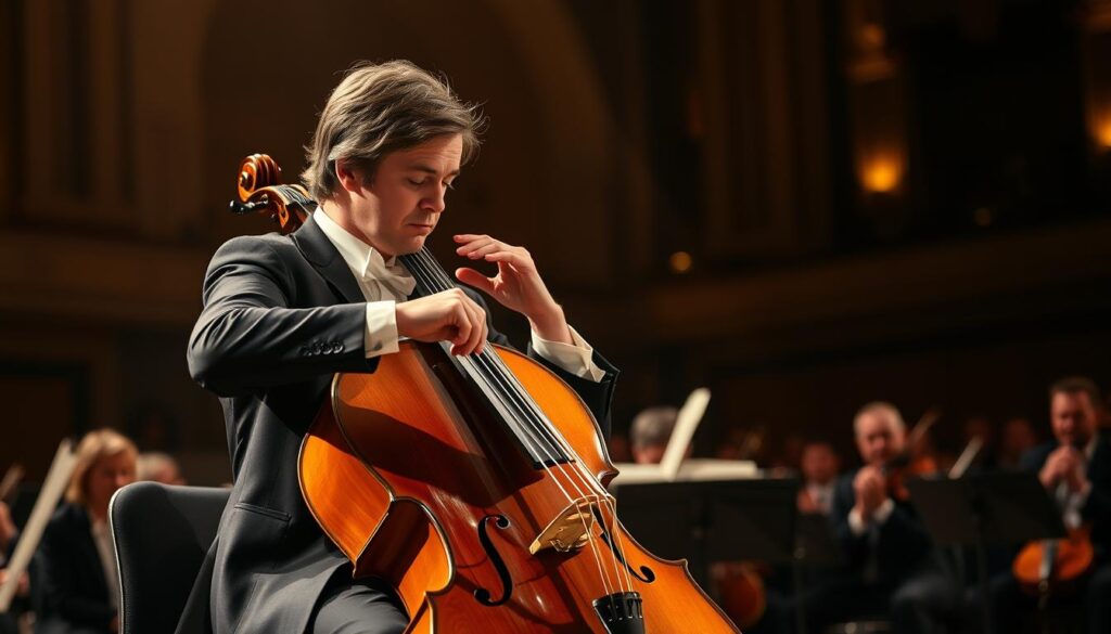 A classical cellist performs on stage, the spotlight illuminating their concentrated expression as they draw the bow across the strings. The stage is bathed in a warm, golden light, creating a sense of elegance and sophistication. In the background, the orchestra musicians can be seen, their instruments and sheet music visible, while the audience remains in shadow, their applause and appreciation palpable. The image conveys the dedication, skill, and artistic passion of the cellist, hinting at the financial rewards and prestige associated with this esteemed musical profession.