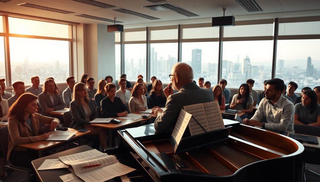 A classroom filled with aspiring arrangers, sitting attentively as a seasoned professional conducts a masterclass. Soft, warm lighting illuminates the scene, casting a contemplative atmosphere. In the foreground, a grand piano takes center stage, its keys poised for creative expression. Intricate sheet music, pencils, and audio equipment populate the desks, signifying the technical and artistic nature of the arrangers' craft. In the background, large windows offer a glimpse of a bustling city skyline, hinting at the professional opportunities that await these dedicated students. The mood is one of focused determination, as the next generation of arrangers absorbs the wisdom and guidance of their mentor.