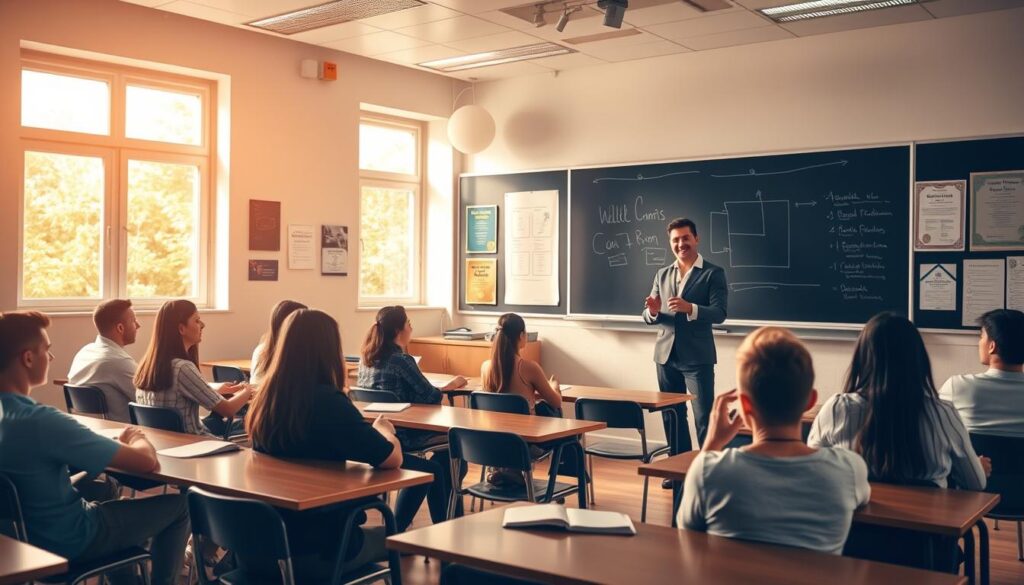 A classroom interior with desks, chairs, and a blackboard. In the foreground, a group of students sit attentively, their expressions focused as they take notes. The teacher, standing at the front, gestures animatedly while explaining a lesson. Warm, natural lighting filters in through large windows, casting a soft glow over the scene. The walls are adorned with educational posters and certificates, conveying a sense of academic rigor. The overall atmosphere is one of diligence and engaged learning, reflecting the process of obtaining a teaching certification.