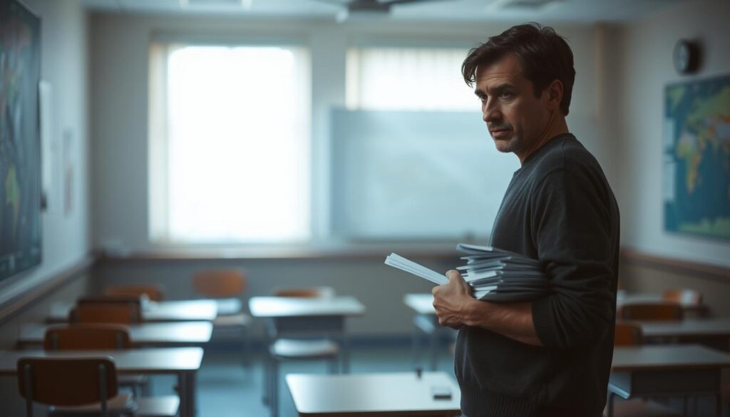 A classroom setting, dimly lit with a warm, pensive atmosphere. In the foreground, a lone figure, a former teacher, stands contemplating a stack of papers, their expression conveying a sense of uncertainty and the weight of a career change. The middle ground reveals a contrast - desks and chairs, remnants of the familiar educational environment, now void of students. The background softly blurs, hinting at the unfamiliar challenges that lie ahead. Soft, directional lighting casts subtle shadows, emphasizing the solitary nature of this transitional moment. An air of introspection and the anticipation of a new chapter permeates the scene.
